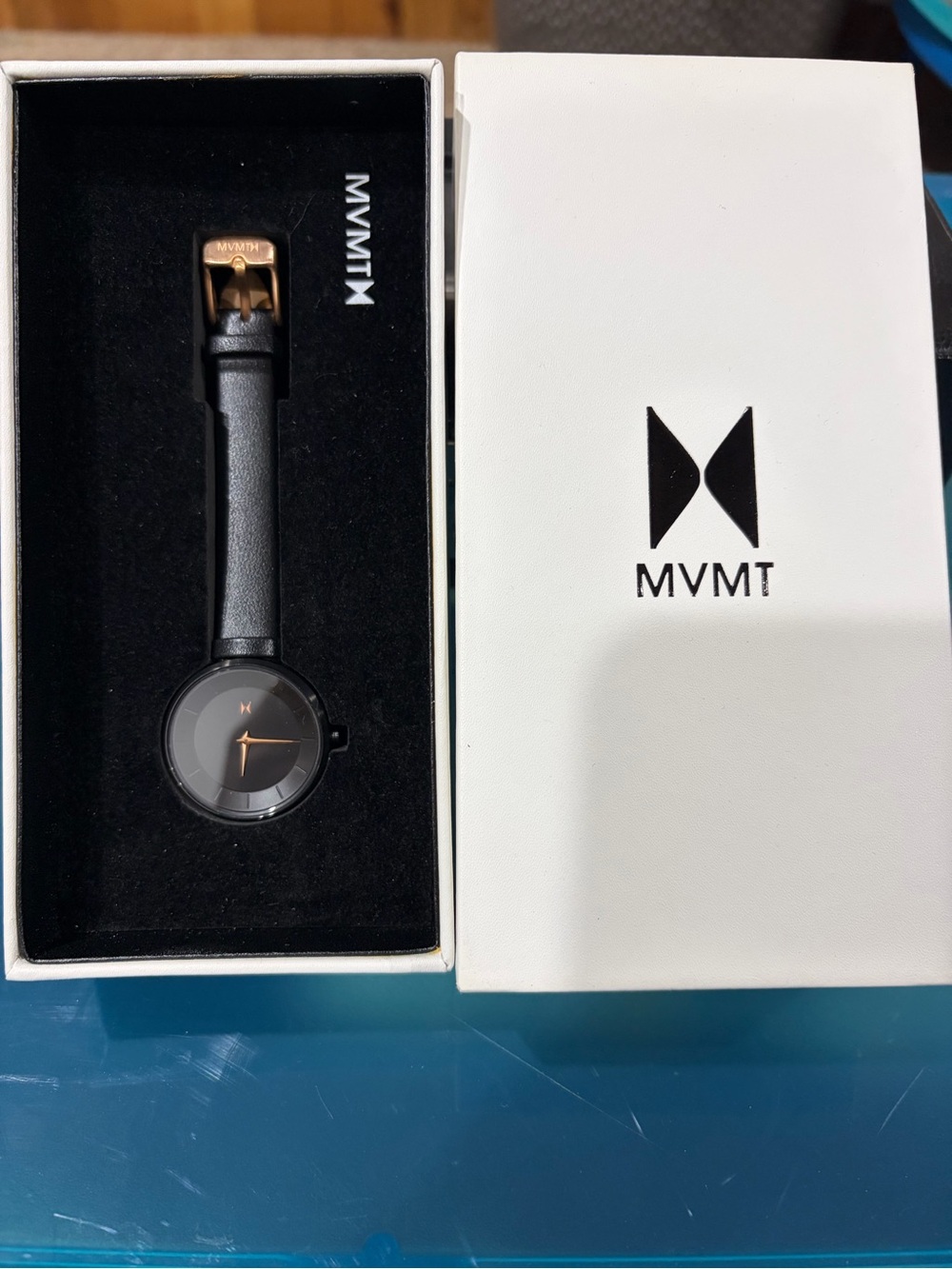 MVMT Black Leather Strap Watch with Black Dial